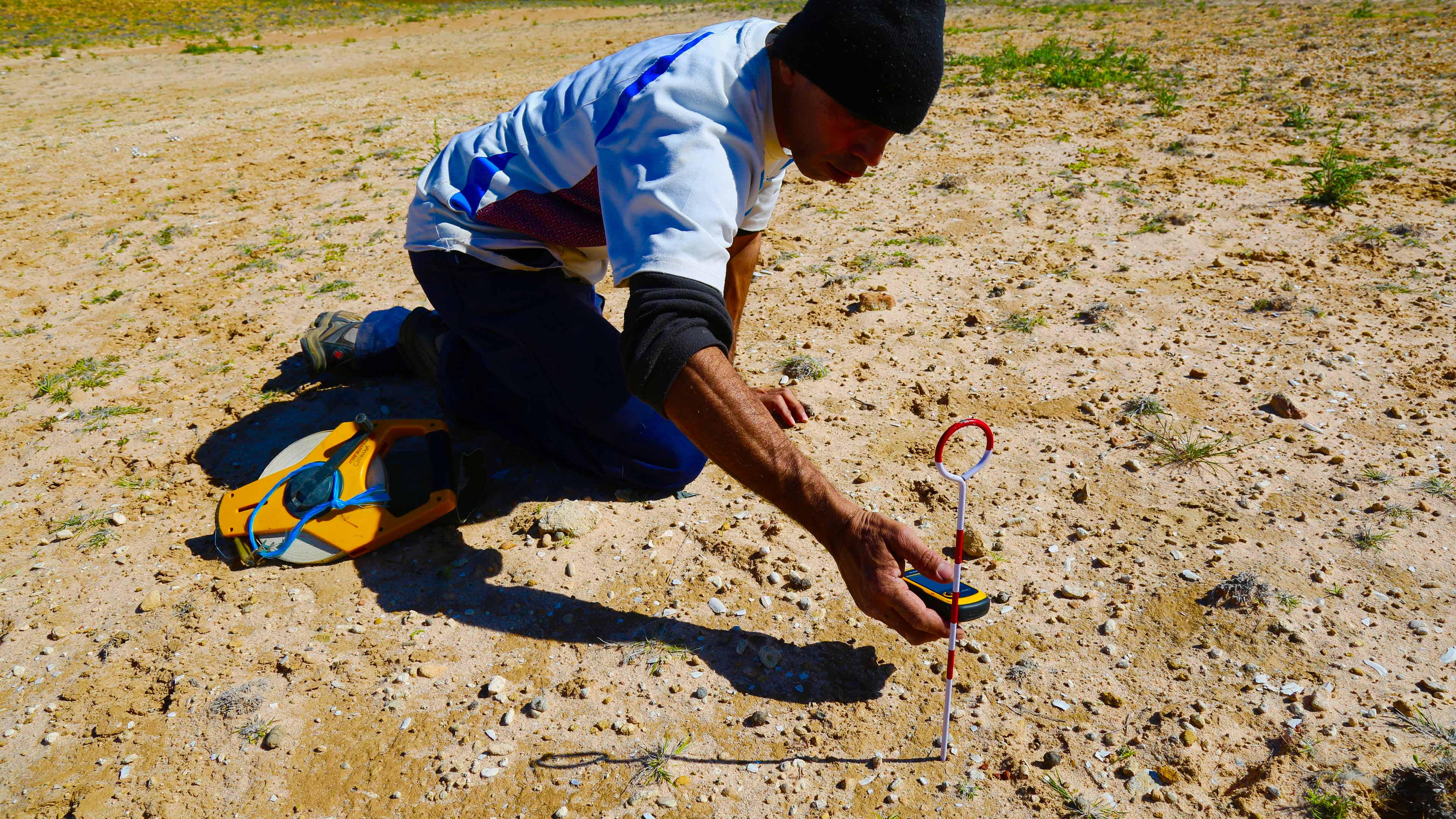 Willandra Lakes World Heritage Indigenous Ranger Daryl Pappin recording a shell midden where Aboriginal people ate freshwater mussels.